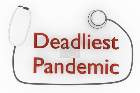 3D-Illustration der tödlichsten Pandemie-Schrift mit Stethoskop, isoliert über hellgrauem Hintergrund.