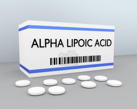 3D-Illustration des Titels ALPHA LIPOIC ACID auf Pillenschachtel, zusammen mit einigen auf einer grauen Oberfläche mit hellblauem Hintergrund verstreuten Stapeln