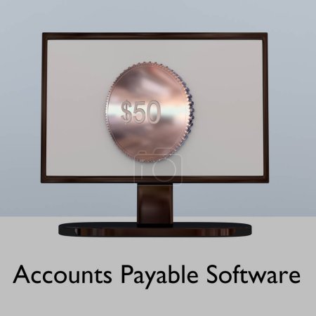 .Ilustración 3D de una moneda de $50 en la pantalla de la PC, titulada como software de cuentas por pagar.