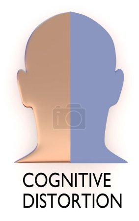 Illustration 3D d'une silhouette de tête humaine divisée en deux parties, intitulée DISORTION COGNITIVE.