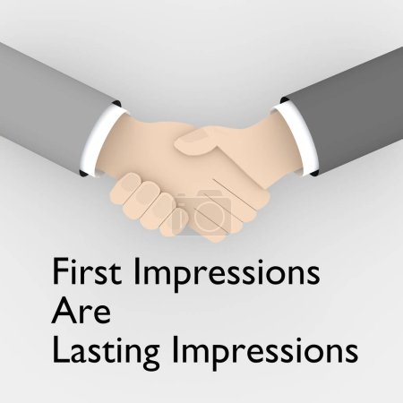 3D illustration of handshake titled as First Impressions Are Lasting Impressions, isolated pale gray.