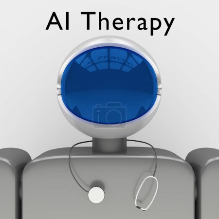 Ilustración 3D de una cabeza robot titulada AI Therapy, con un estetoscopio colgando alrededor de su cuello.