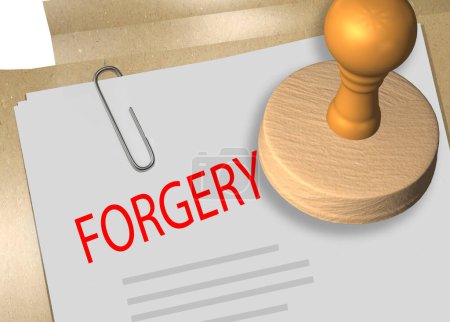 3D-Abbildung des Stempeltitels FORGERY auf Geschäftsdokument oder Vertrag