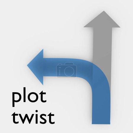 Photo for 3D illustration of a gray straight arrow pointing upword and a blue curved arrow, titled as Plot Twist. - Royalty Free Image