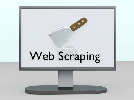 3D illustration of a scraper on pc screen, titled as Web Scraping.