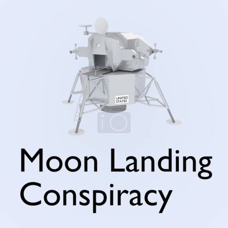 Illustration 3D d'un module lunaire Apollo, intitulé Moon Landing Conspiracy.