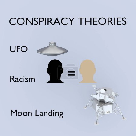 Illustration 3D d'une variété d'éléments concernant le concept de théories du complot : un vaisseau spatial non identifié, deux silhouettes de tête représentant l "égalité des deux races noir et pâle