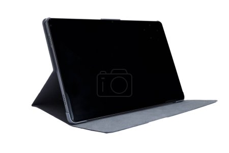 Generic black ten inch tablet in a black folio case on white background