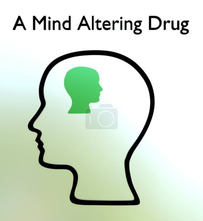 Ilustración 3D de una silueta de cabeza negra que contiene una silueta de cabeza verde más pequeña, titulada Una droga que altera la mente.