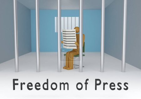 Illustration 3D d'un homme assis sur une chaise dans une cellule de prison et lisant un journal.