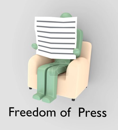 Illustration 3D d'un homme assis dans un fauteuil et lisant un journal intitulé Liberté de la presse.