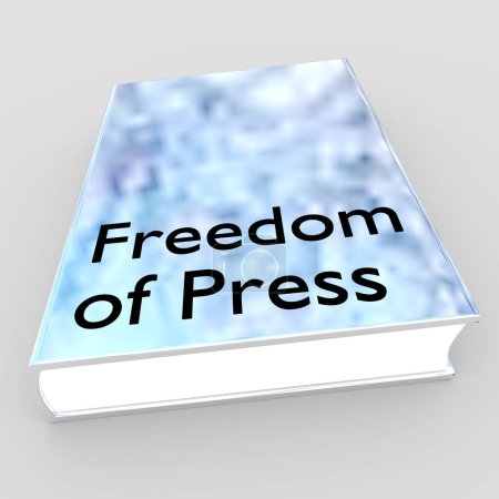 Illustration 3D du script Liberté de presse sur un livre, isolé au-dessus du gris.