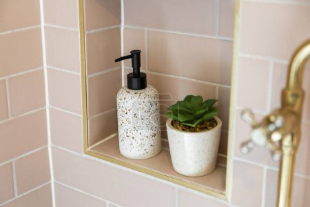 Téléchargez les photos : Accessoires de salle de bain en céramique placés dans un mur encastré, ajoutant une touche de style à l'espace. - en image libre de droit