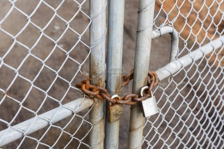 Téléchargez les photos : Serrures et chaînes fixées à une clôture métallique, servant de lien sécurisé vers une porte. - en image libre de droit