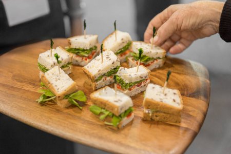 Téléchargez les photos : Mini sandwichs canapés sur plateau en bois pour dégustation. - en image libre de droit