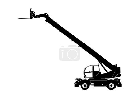 Illustration for Silhouette of a modern rotating telehandler. Side view of telescopic handler. Vector. - Royalty Free Image