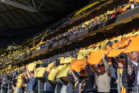 Photo for SOLNA, SWEDEN - APR 16 2023: Tifo and supporters during the game AIK vs Hammarby IF at Friends Arena in Solna. Final result 2-0 - Royalty Free Image
