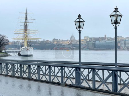 Photo for Hostel ship Af Chapman photographed from Skeppsbron during a grey morning. - Royalty Free Image