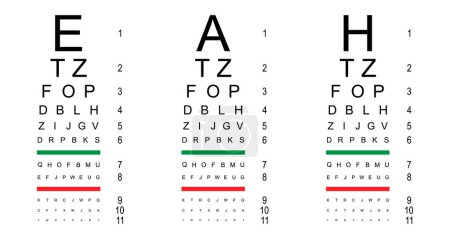 Illustration for Set of Test visual measure icon, optical chart letter symbol, optometrist focus vector illustration . - Royalty Free Image