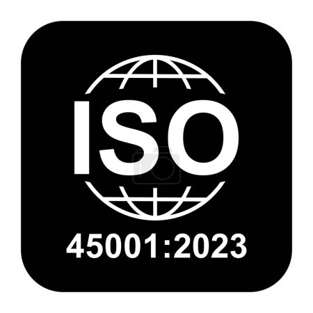 Ilustración de Iso 45001 2023 icon. Occupational Health and Safety. Standard quality symbol. Vector button sign isolated on black background . - Imagen libre de derechos