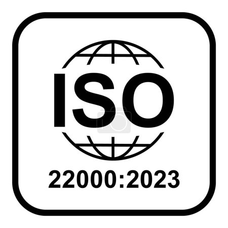 Illustration for Iso 22000 2023 icon. Food Management Systems. Standard quality symbol. Vector button sign isolated on white background . - Royalty Free Image