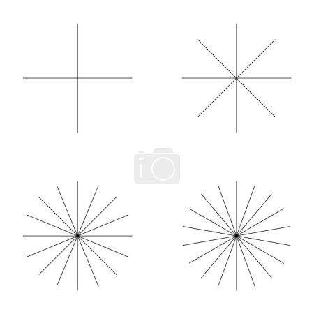 Set of converging radiating lines burst icon, geometric sunburst element, sun shape vector illustration .