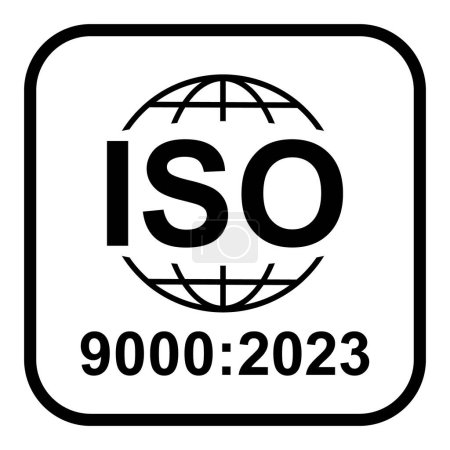 Ilustración de Iso 9000 2023 icon. Standard quality symbol. Vector button sign isolated on white background . - Imagen libre de derechos