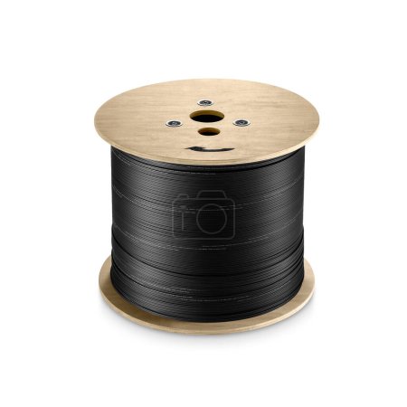 Foto de Cable de alambre eléctrico negro en bobina de madera o carrete aislado en blanco con sombra - Imagen libre de derechos