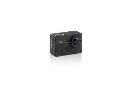 Photo for Three-quarter view of black action camera on white background with reflection underneath - Royalty Free Image