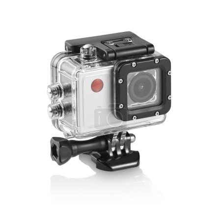 Photo for Three-quarter view of silver action camera inside a waterproof box on white background with reflection underneath - Royalty Free Image