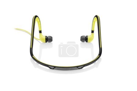 Back view of modern yellow and black running earphones headset, isolated