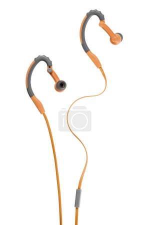 Front and back view of modern orange running earphones, isolated