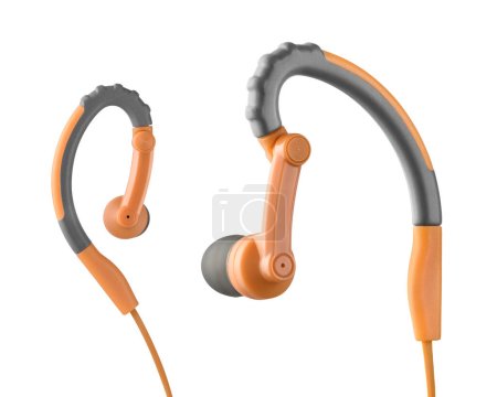 Vista frontal de auriculares modernos de color naranja, aislados