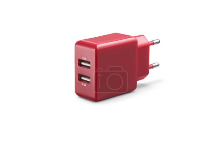 Foto de Cargador de pared USB dual simple rojo, aislado sobre fondo blanco - Imagen libre de derechos