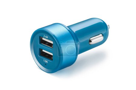 Foto de Azul simple cargador de coche USB dual, aislado sobre fondo blanco - Imagen libre de derechos