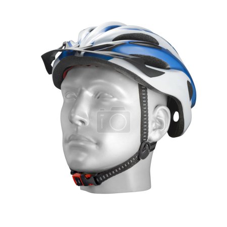 Modern white and blue bike helmet on a male mannequin head, isolated 