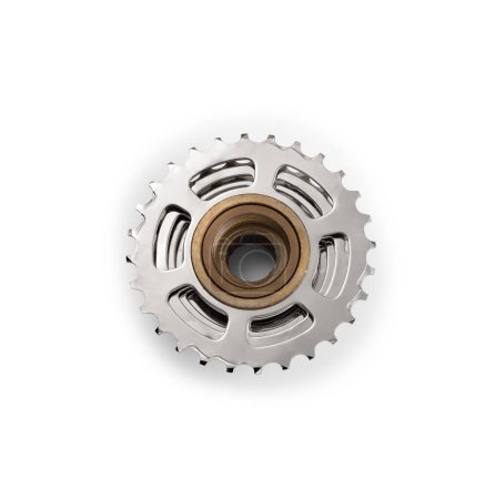 Back view of bicycle metal freewheel or cassette, with seven speed and 11 to 28 teeth, isolated on white