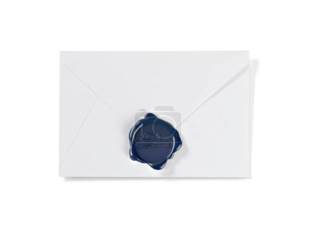 Photo for Simple white envelope with navy blue wax seal, isolated on white - Royalty Free Image