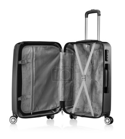 Photo for Open black ABS luggage with 4 wheels, isolated on white - Royalty Free Image