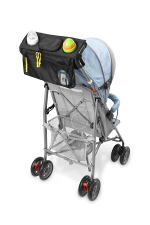 Universal baby organizer, on a baby stroller, isolated