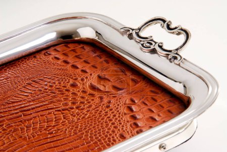 Close up of a fancy silver tray with crocodile leather on the bottom, isolated