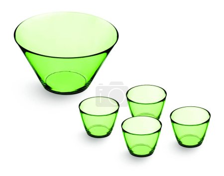 Kit with one large green glass bowl and 4 smaller bowls, isolated