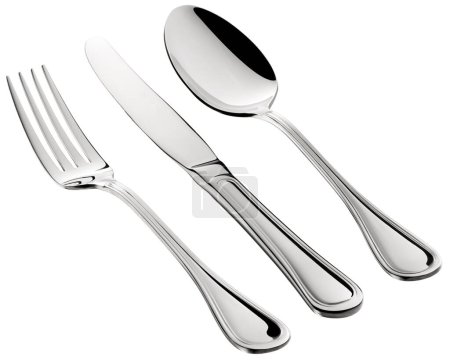 Silverware set containing three products, aknife, a fork and a spoon. Isolated on a white background, well lit, ready to be used in advertisements.