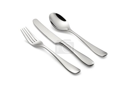 Silverware set containing three products, aknife, a fork and a spoon. Isolated on a white background, well lit, ready to be used in advertisements.