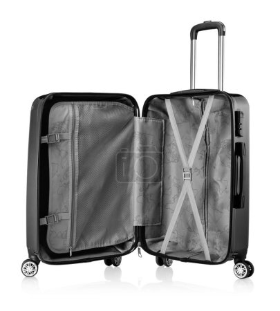 Open black ABS luggage with 4 wheels, isolated on white