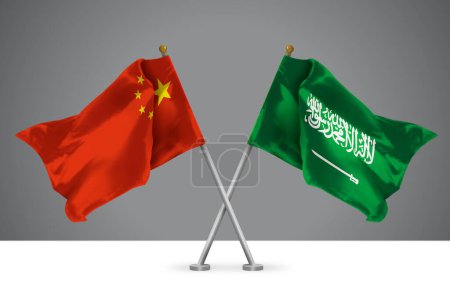 Two Wavy Crossed Flags of China and Kingdom of Saudi Arabia, Sign of Chinese and Saudi Relationships