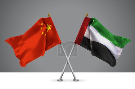 Two Wavy Crossed Flags of China and United Arab Emirates, Sign of Chinese and Emirati Relationships