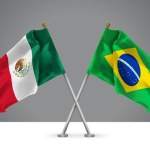 3D illustration of Two Wavy Crossed Flags of Mexico and Brazil, Sign of Mexican and Brazilian Relationships