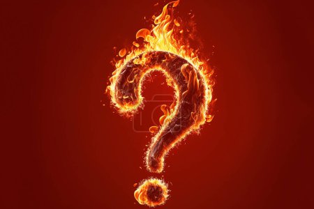 burning question mark on red background with copy space