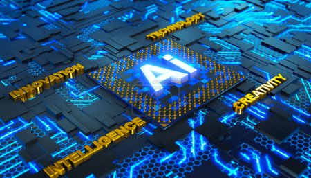 Foto de Conceptual composition of the processor with the Ai logo on the printed circuit board. 3D rendering. - Imagen libre de derechos